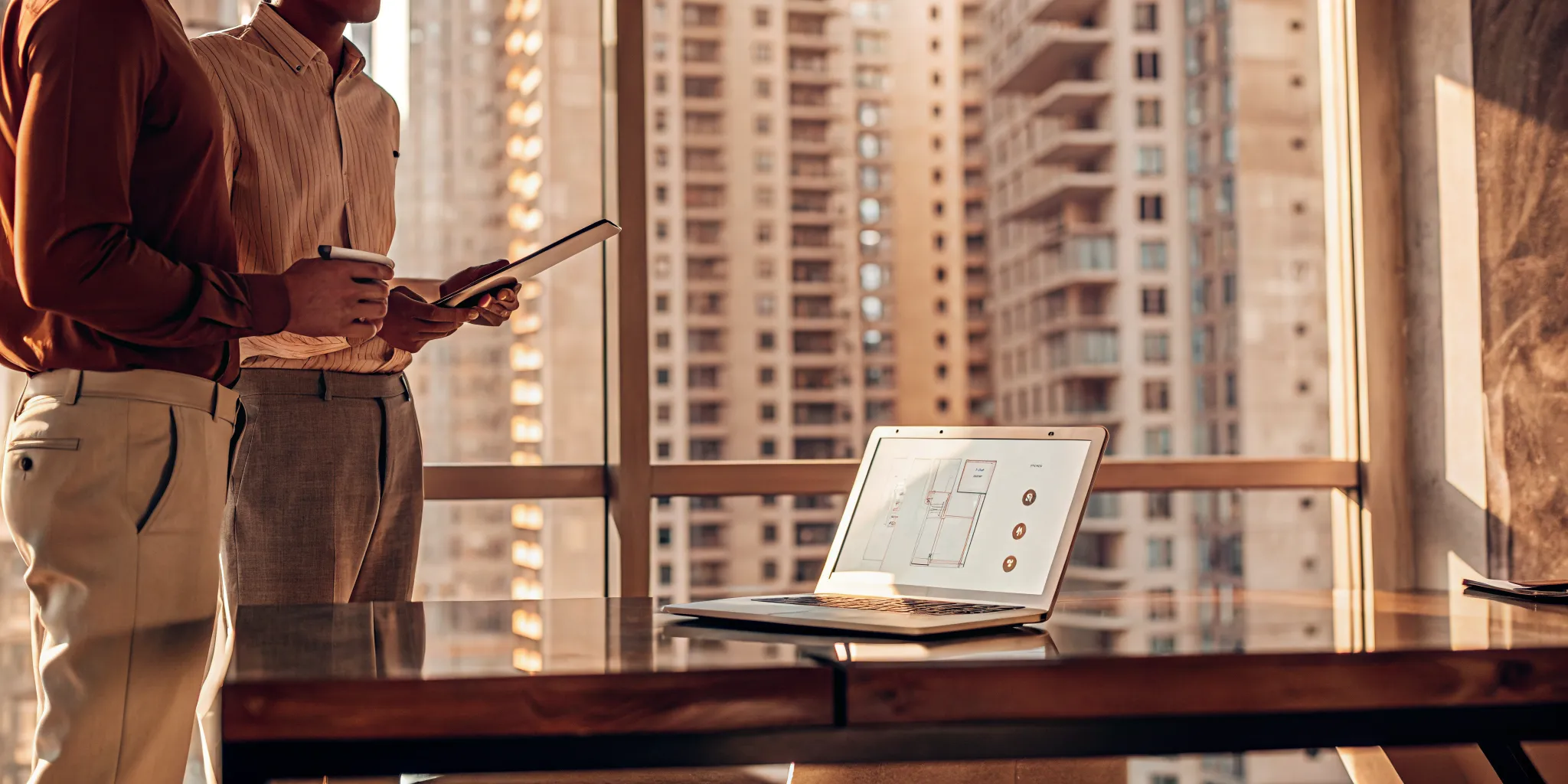 Two people learning how to make tenant screening more efficient on a laptop.