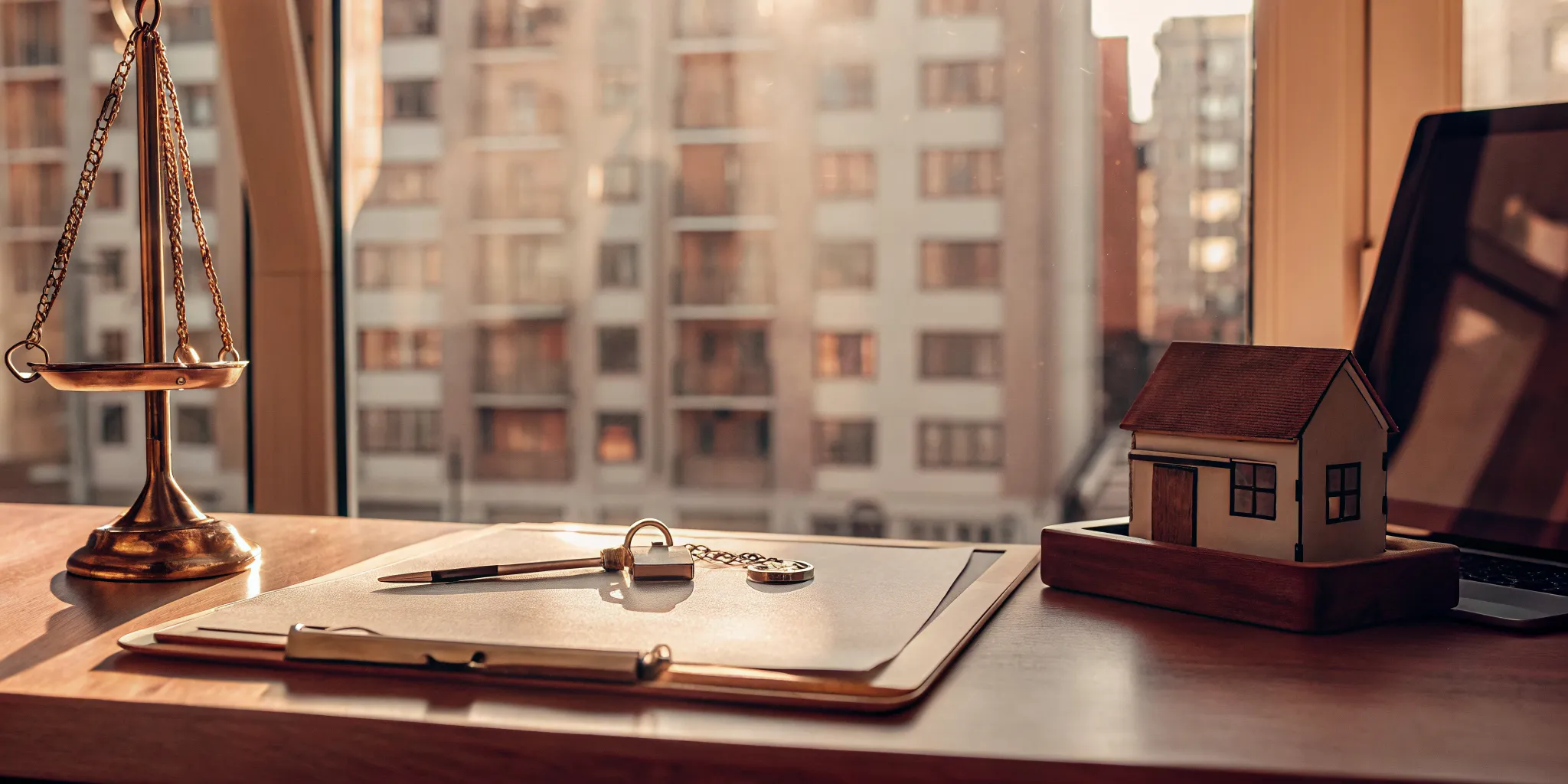 Scales of justice, a model house, and a clipboard with a lock for landlord tenant screening laws.