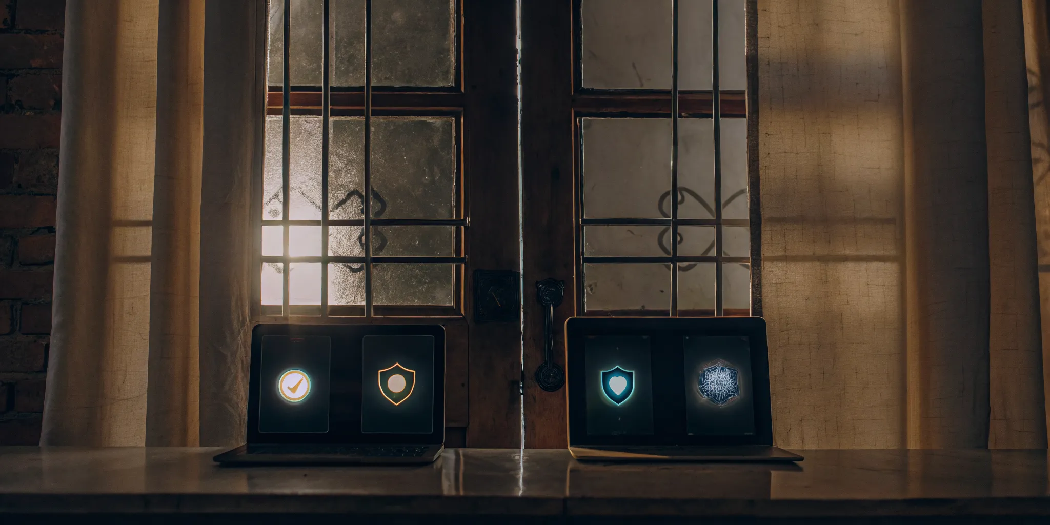 Laptops displaying security icons for the best tenant background check service.