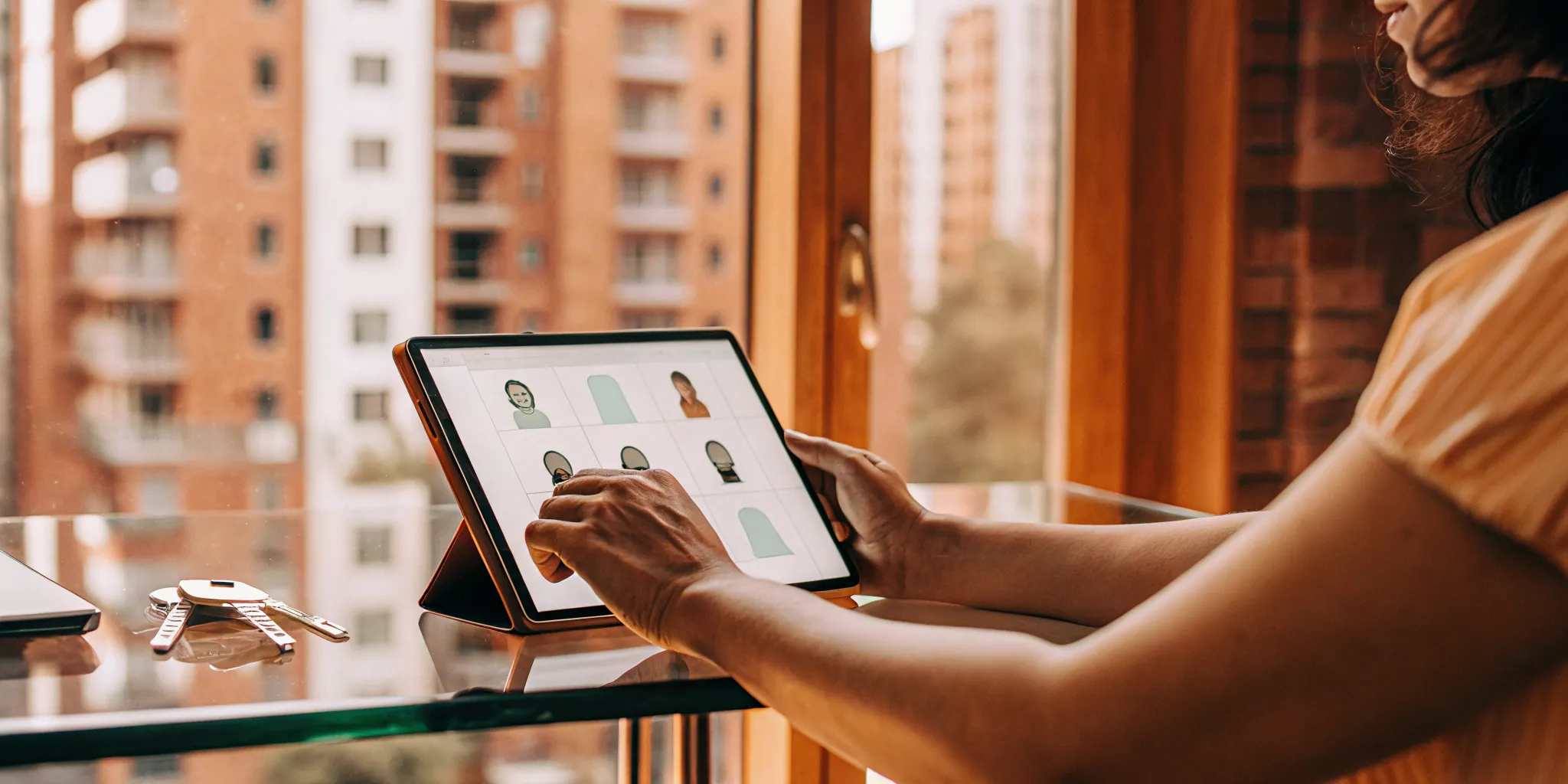 Landlord on a tablet using a tenant income verification service.