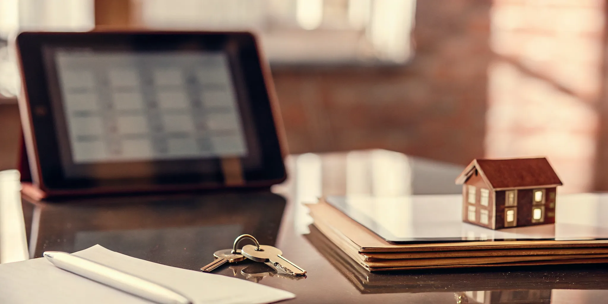 A house model and keys on a desk with paperwork for Baltimore city rental registration.