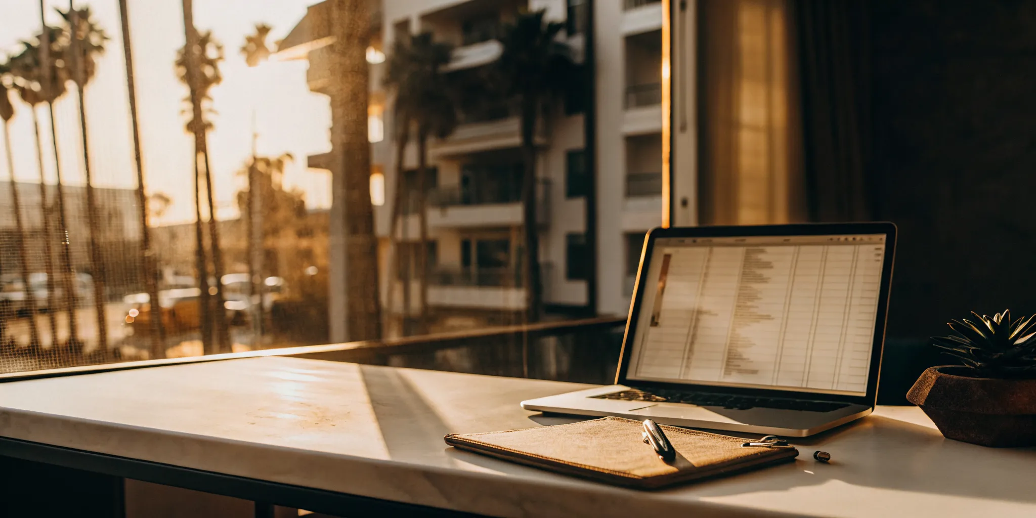 Laptop on a desk showing a tenant screening report for a California rental property.
