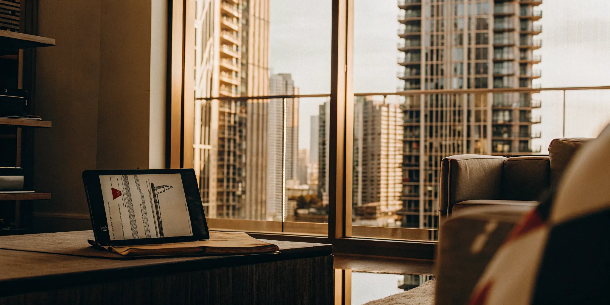 Modern apartment building in Chicago with tenant screening report on tablet