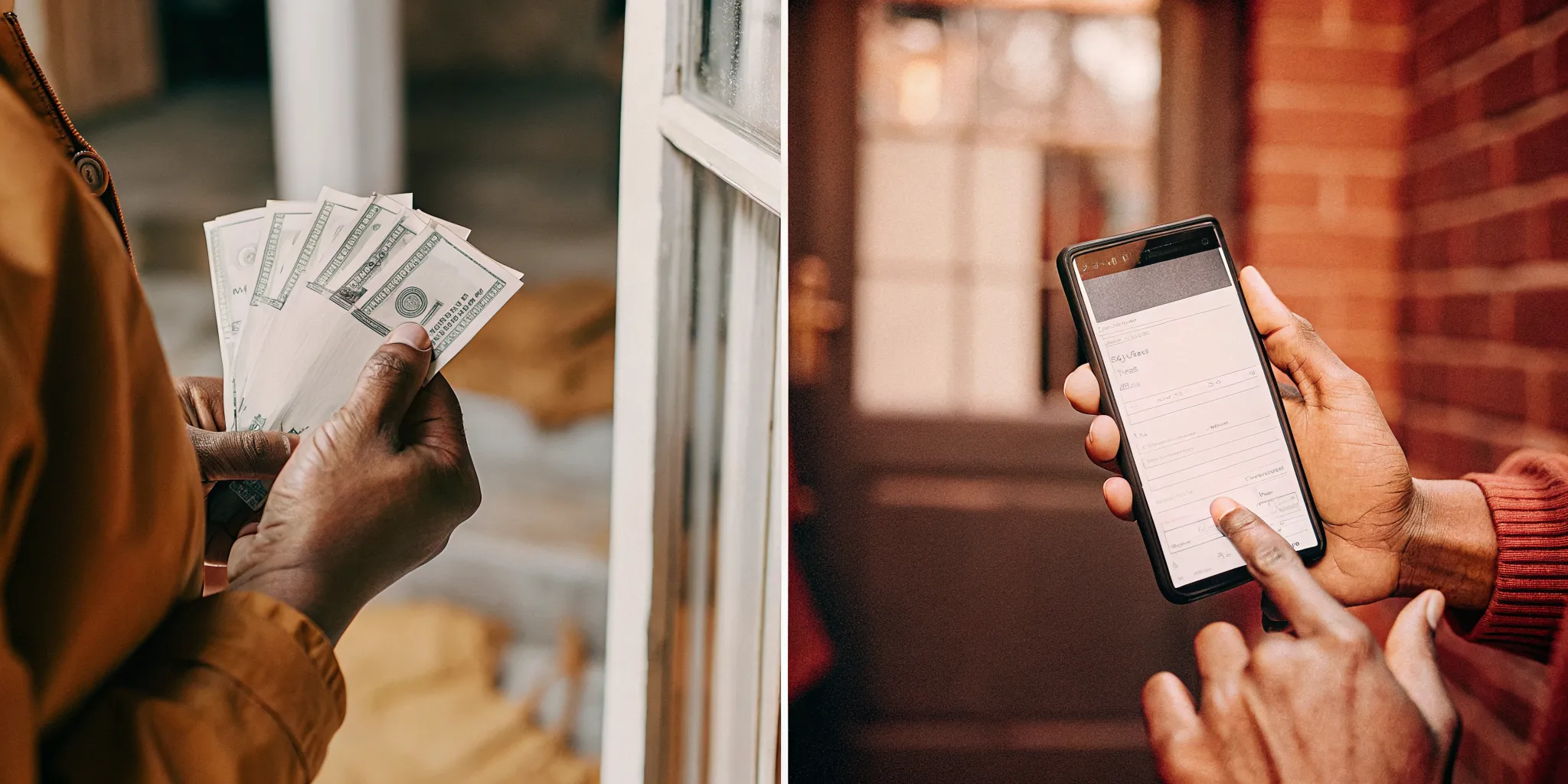 Split-screen comparison of traditional paper-based tenant screening versus a digital portable tenant screening report on a smartphone