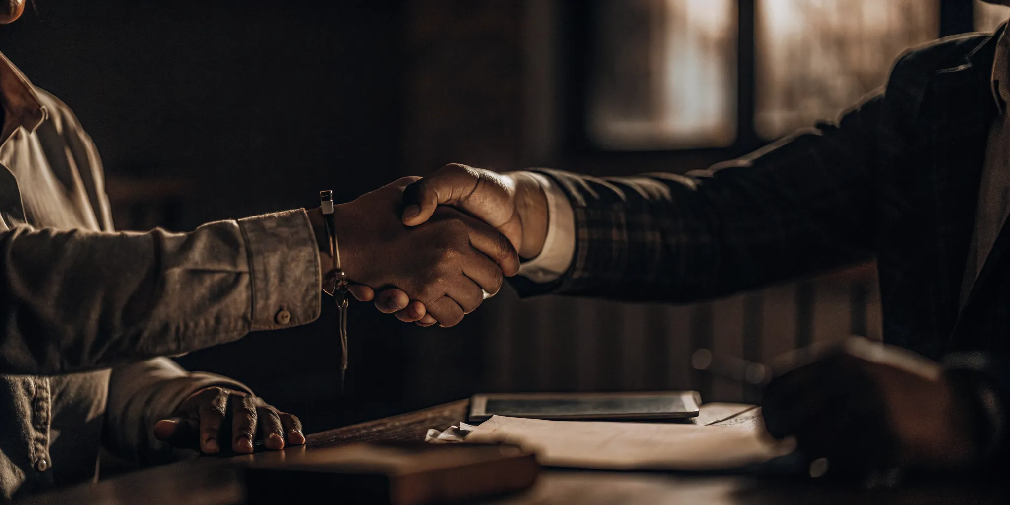 Landlord and tenant shaking hands over a rental agreement