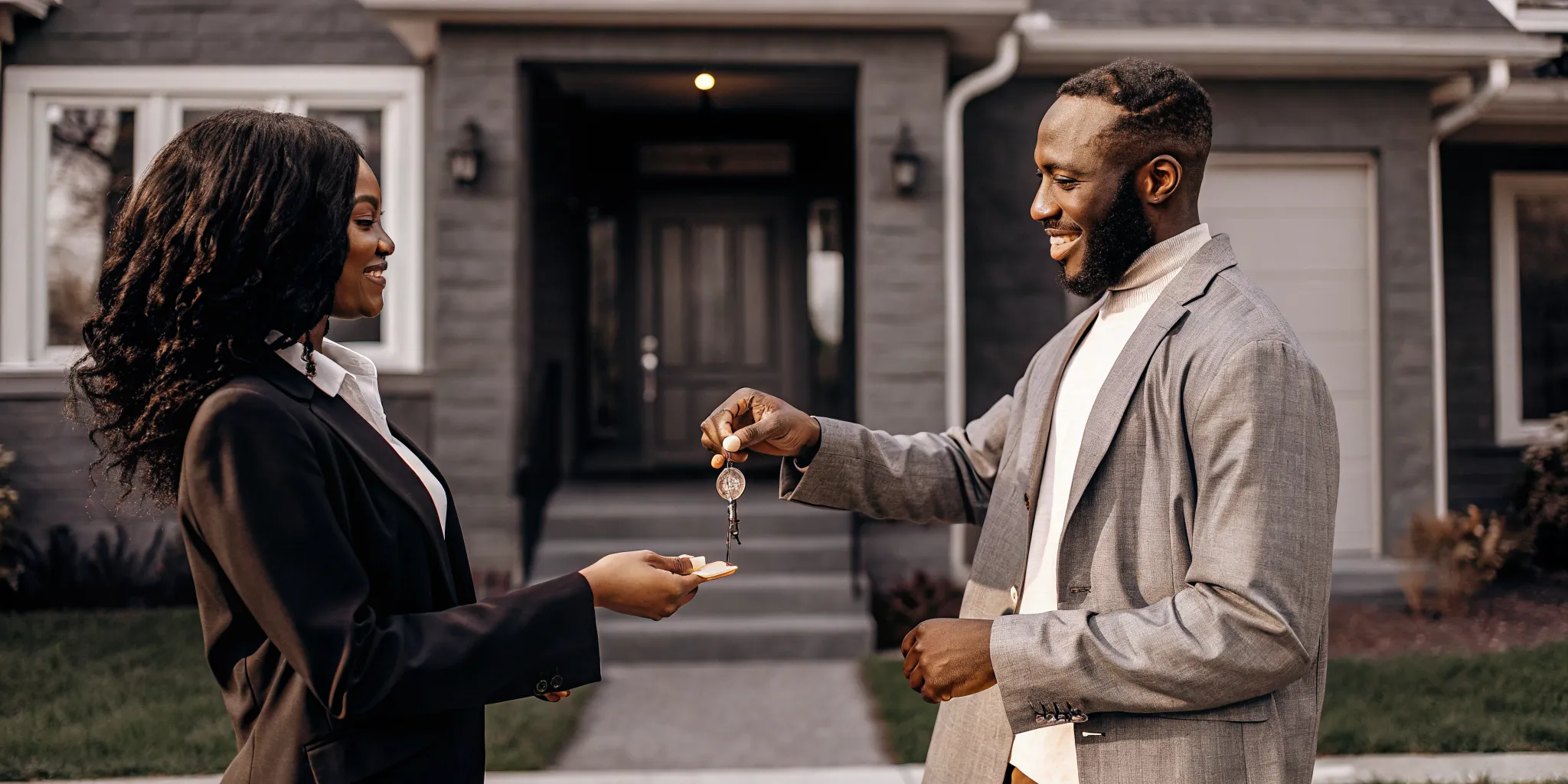 Landlord handing keys to a new tenant in front of a rental property after using Portable Tenant Screening Report to fill a vacancy