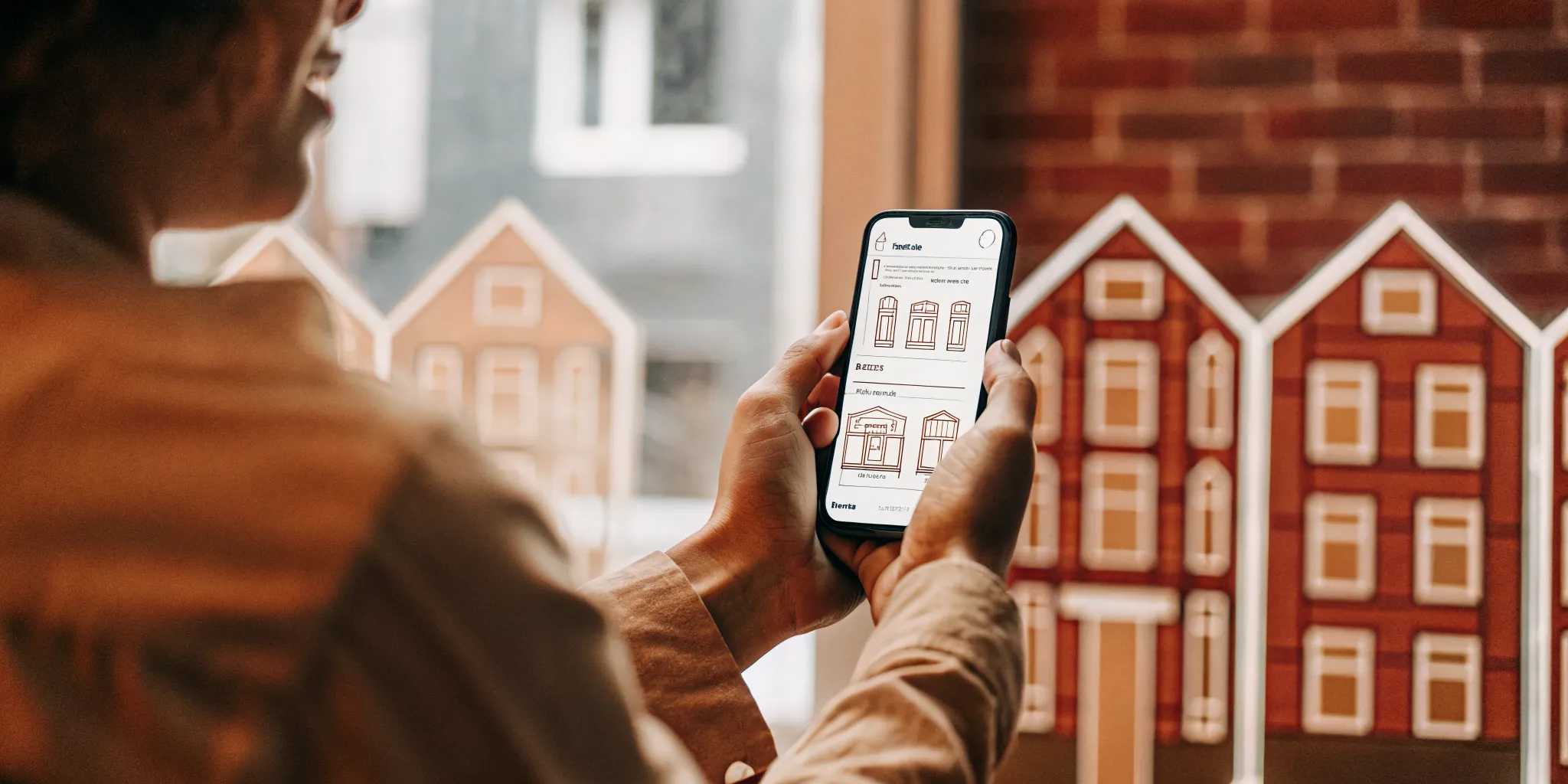 Renter holding a smartphone showing a digital shareable tenant screening report with apartment buildings in the background