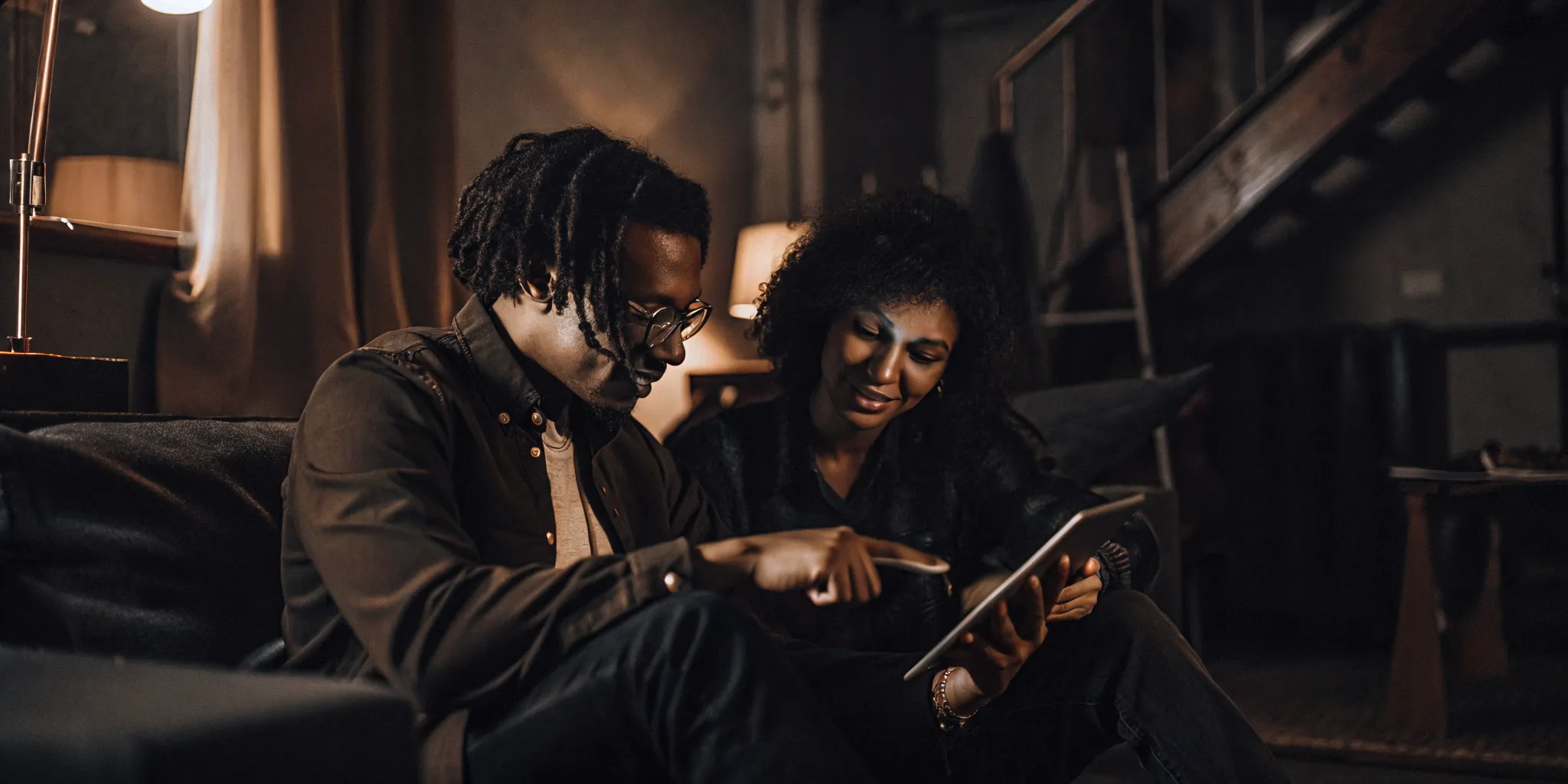 Two people reviewing a tenant screening report on a tablet in an apartment