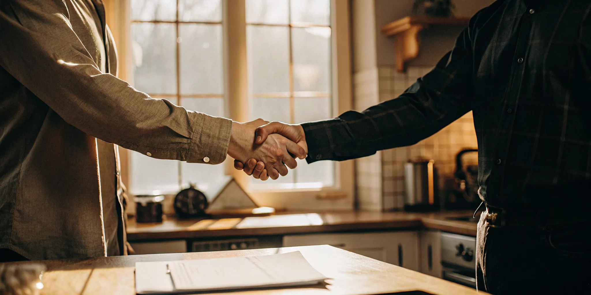 Landlord and renter shaking hands in a Rhode Island rental apartment with natural light