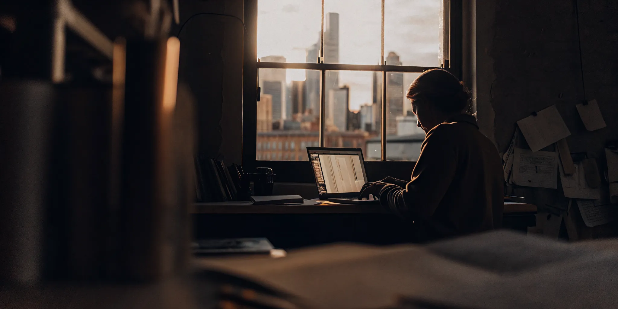 Renter reviewing documents on a laptop in a bright Denver apartment with city skyline through the window