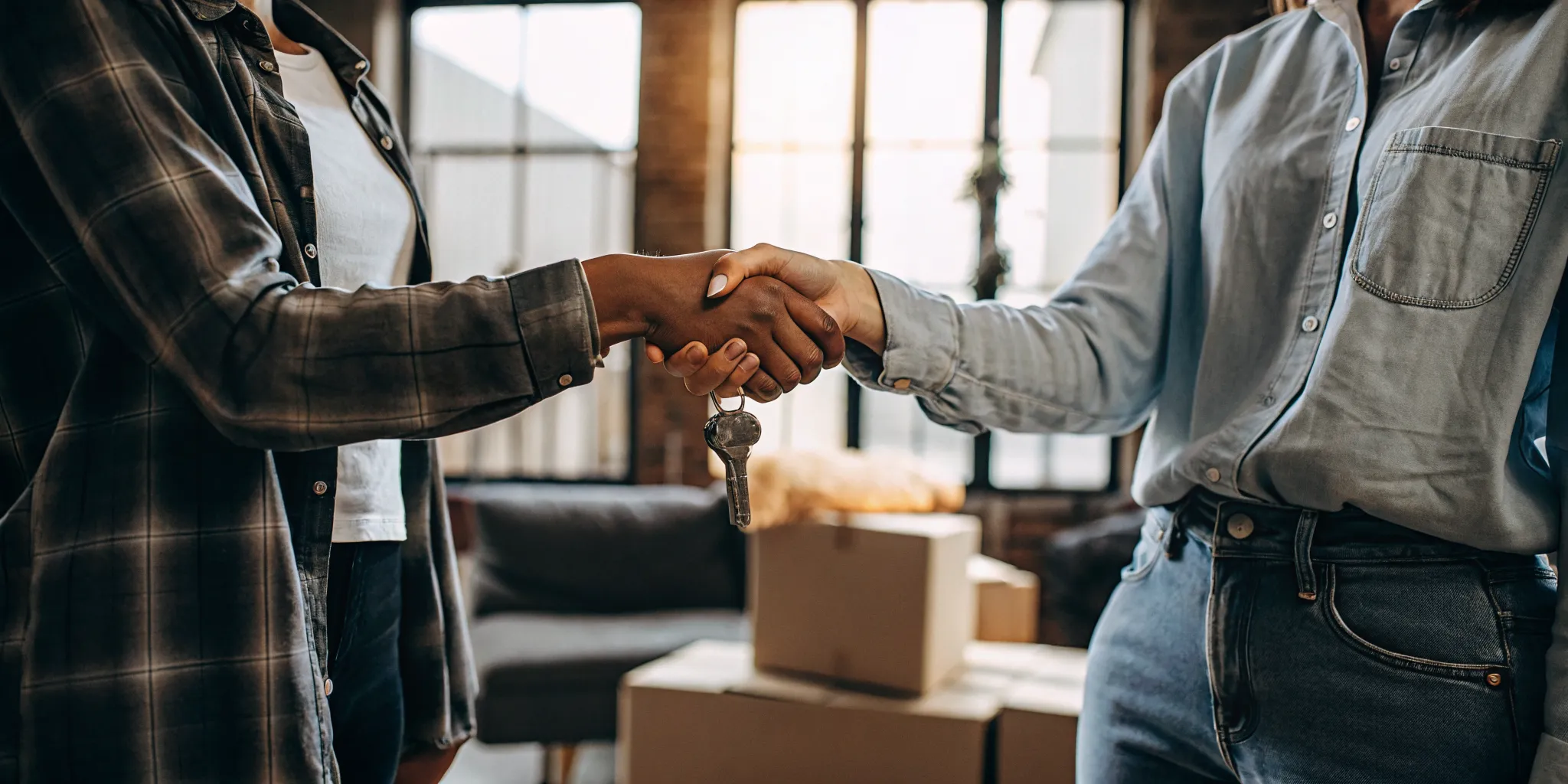 Landlord and renter shaking hands after a successful rental application