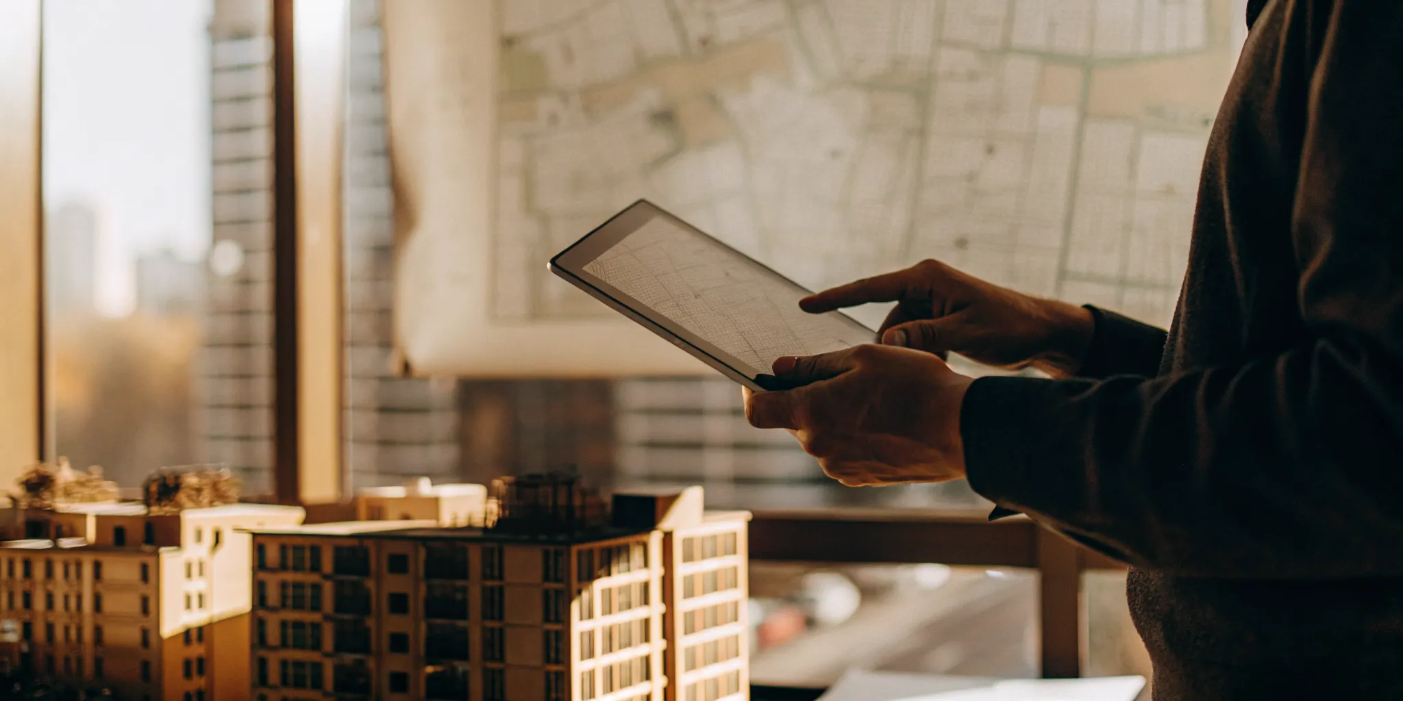 Property manager reviewing screening documents at a desk with a map in the background