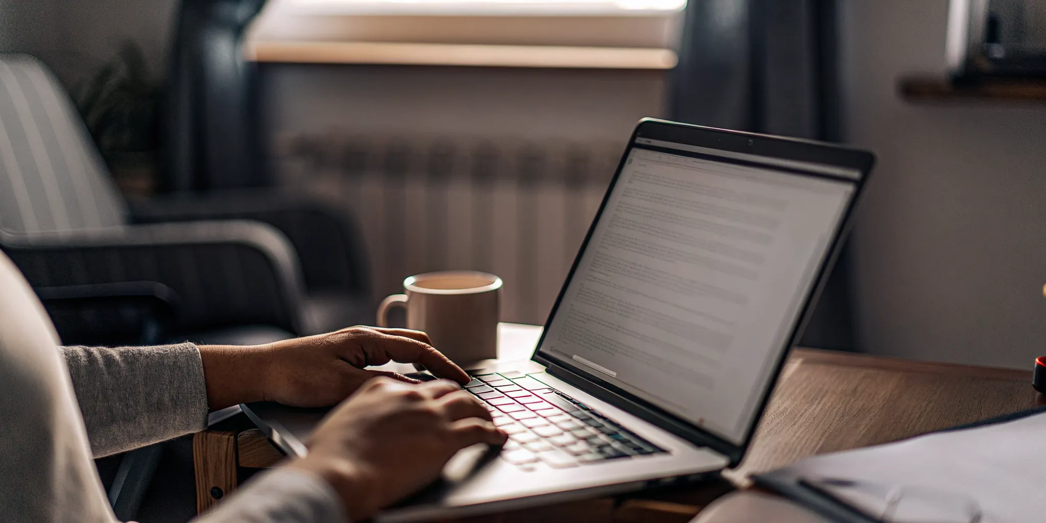 Applicant completing an online rental application on a laptop at a home desk as part of the tenant background check process.