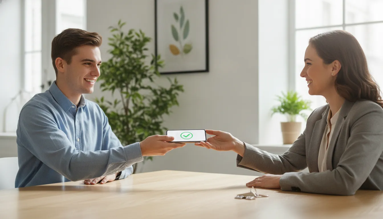 Renter sharing a rental application with a property manager at a leasing office