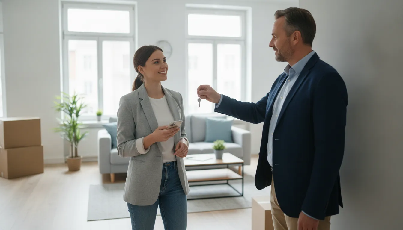 Renter and landlord reviewing rental screening outside a bright apartment