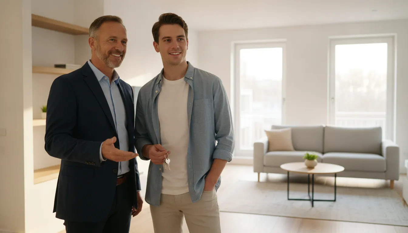 Landlord and renter reviewing an apartment unit together during the rental application process