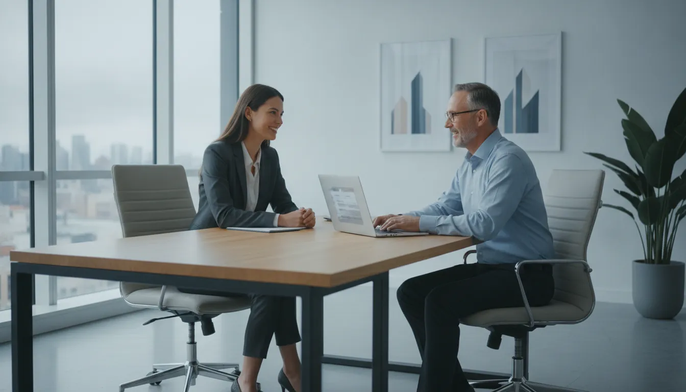 Renter and landlord reviewing an application together in a bright modern leasing office