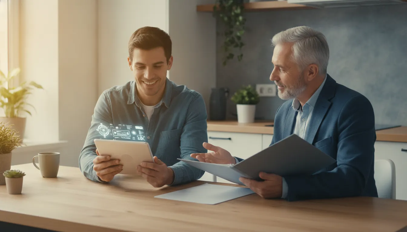 Renter and landlord reviewing rental application screening details