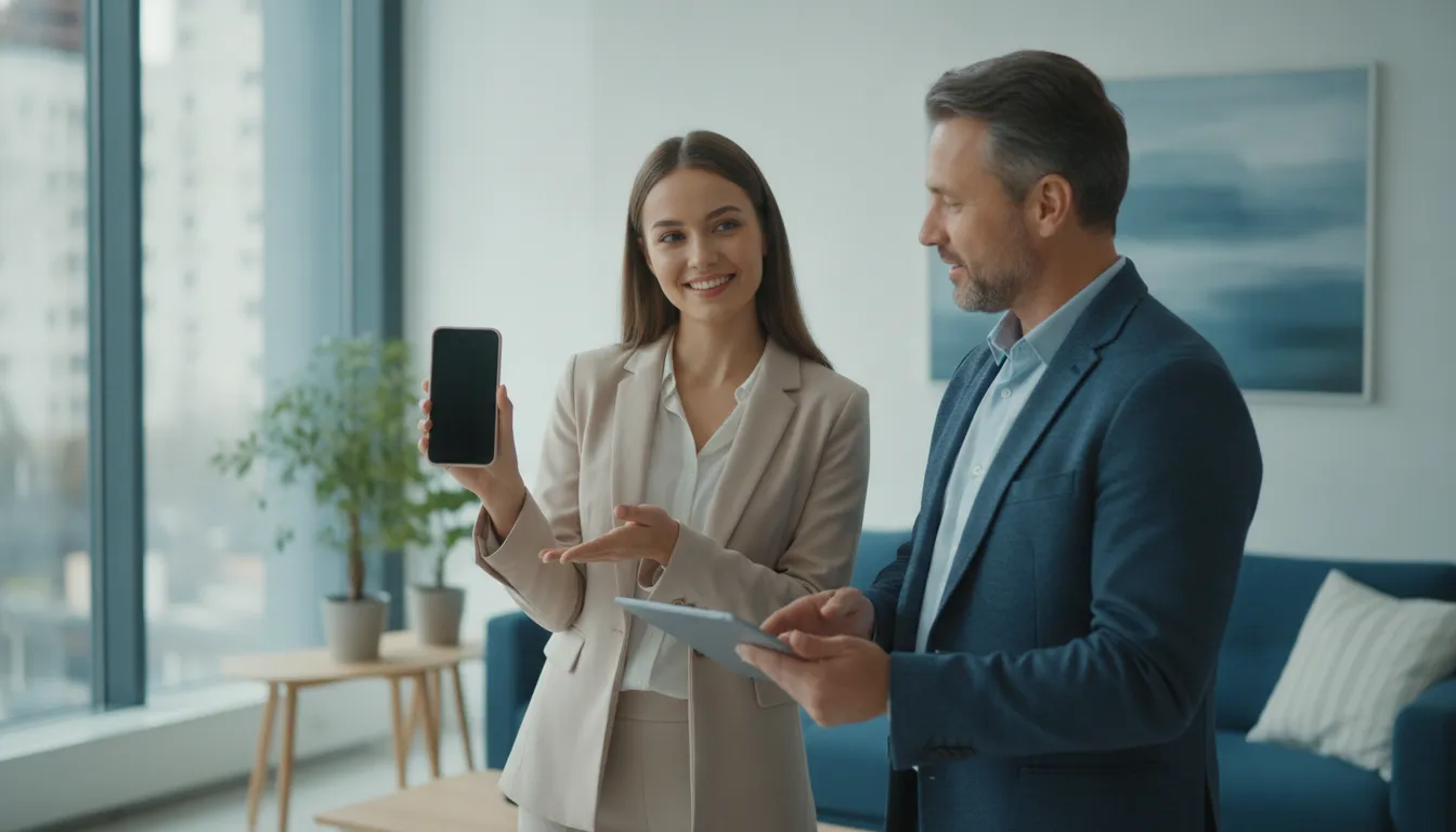 Renter sharing a portable rental history report with a prospective landlord