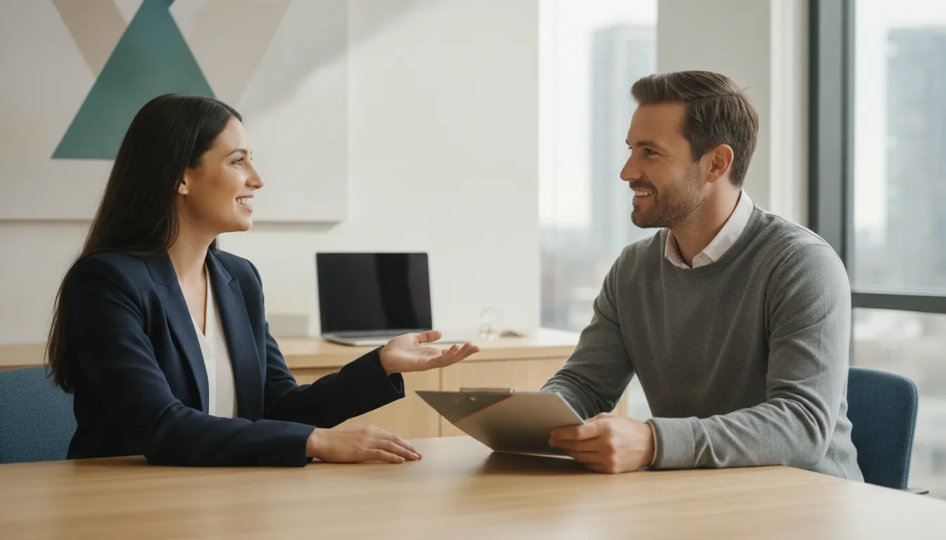 Renter and property manager discussing a reusable screening report