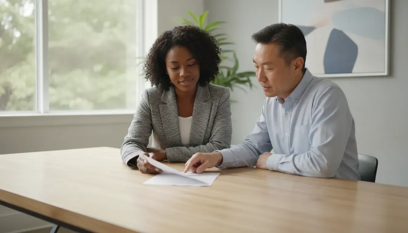 Renter and property manager reviewing a tenant screening authorization process