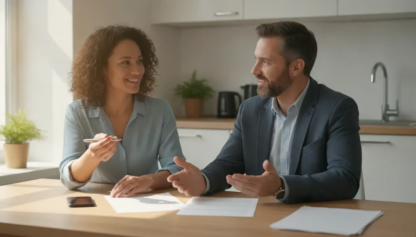 Renter and property manager discussing rental history reports during an application