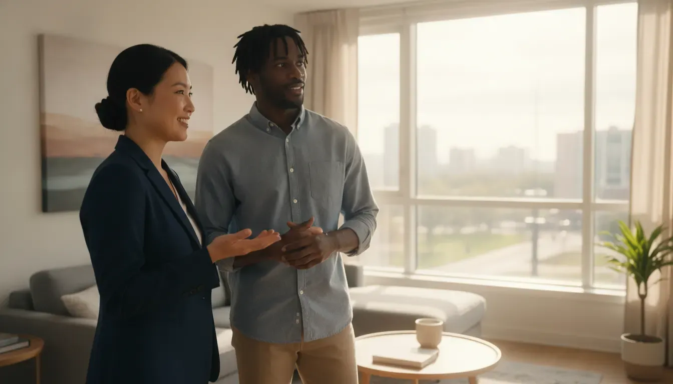 Property manager and renter discussing a rental application in an apartment