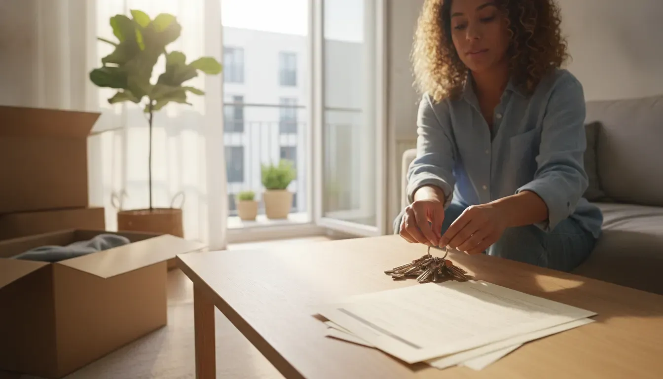 Renter organizing keys and rental records before an application