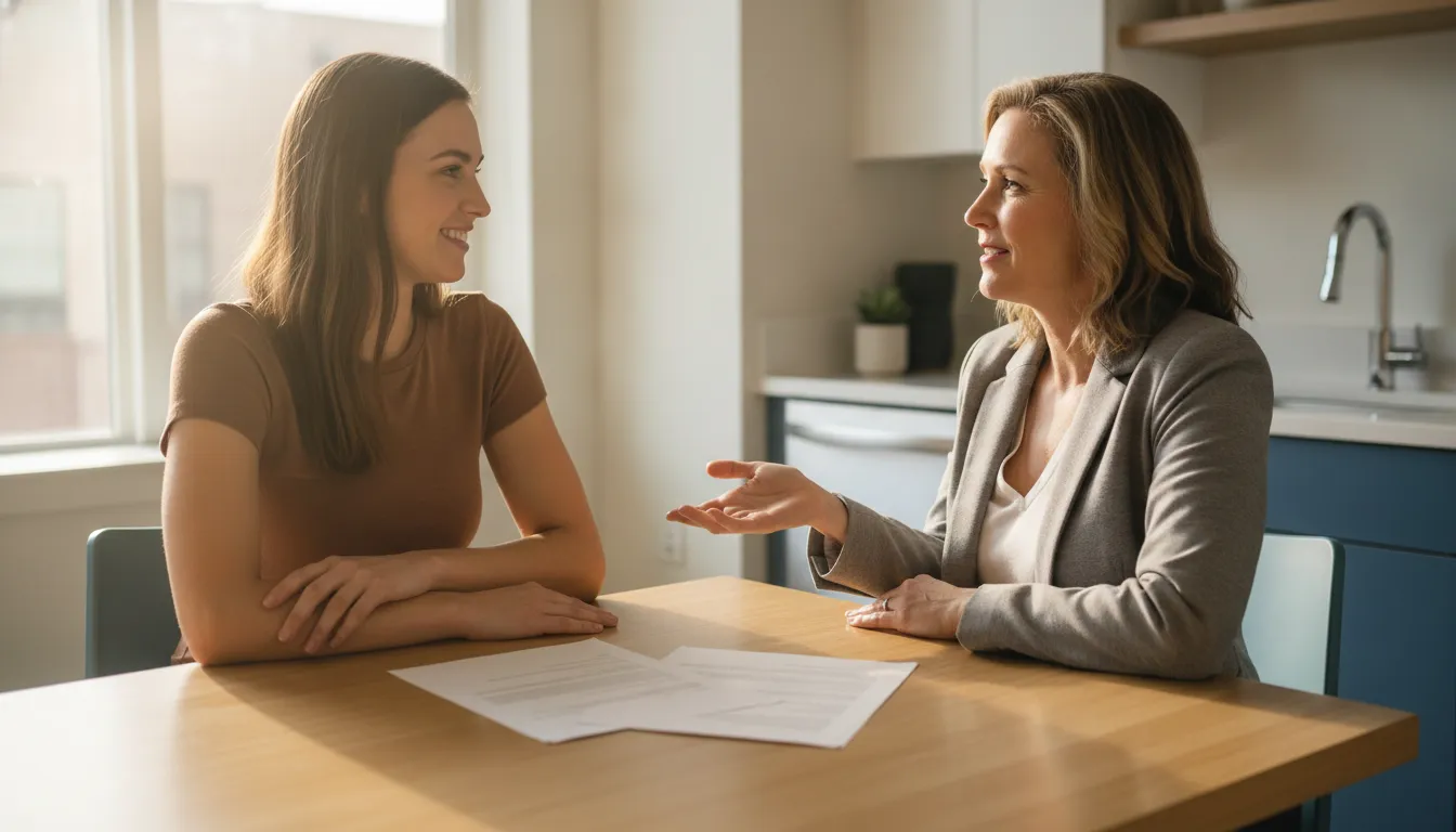 Renter reviewing rental application questions with a property manager