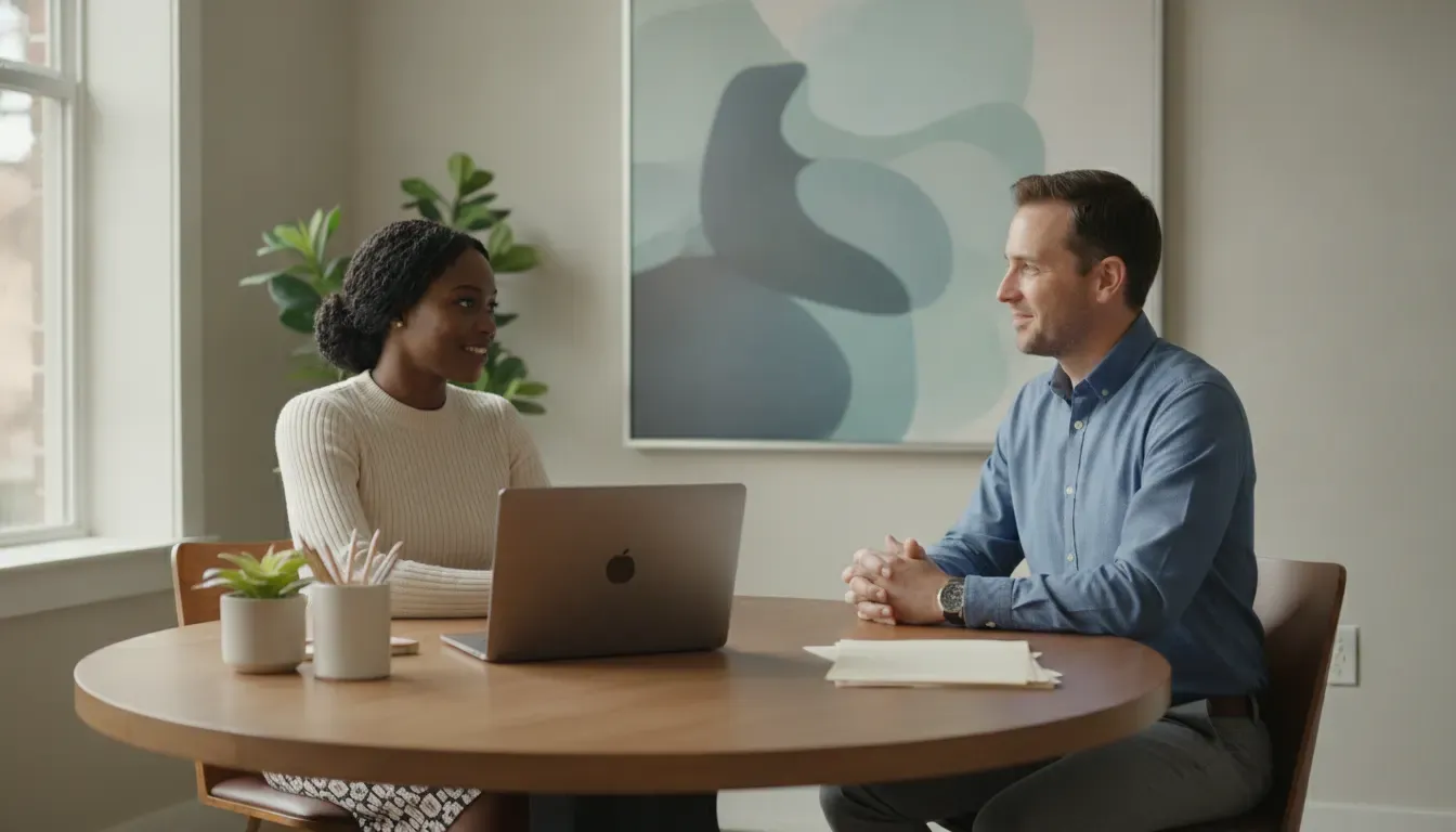 Renter discussing housing screening information with a property manager