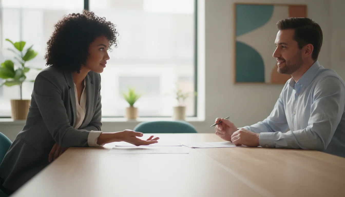 Renter and property manager reviewing a tenant rental history report before applying