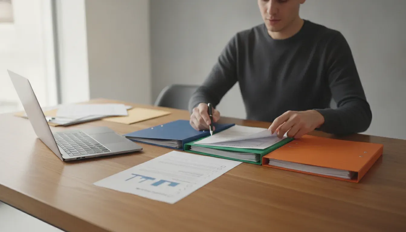 Renter organizing documents to review a tenant rental history report