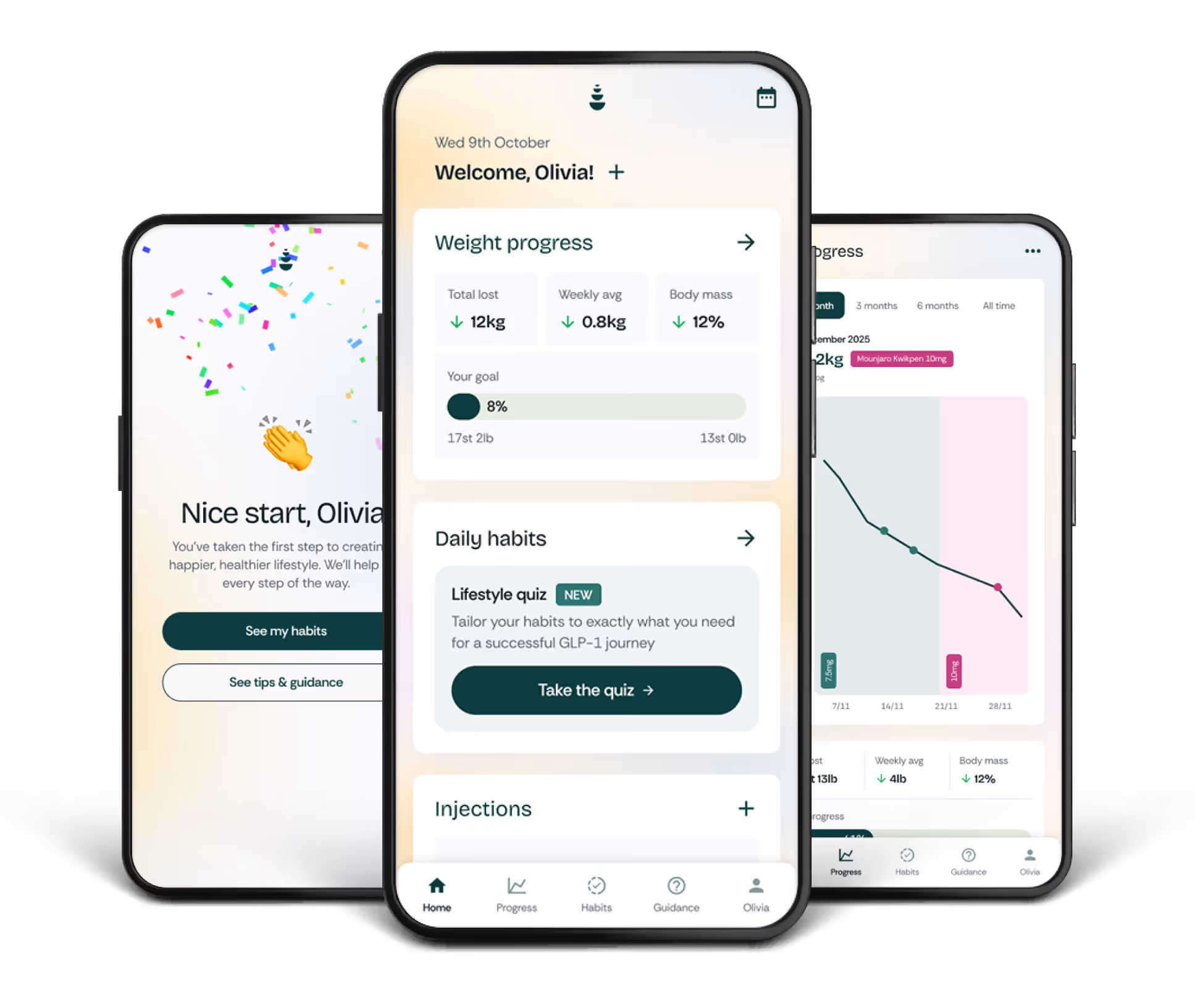 Three mobile screens showing BrightTrack GLP-1 tracking, weight loss and lifestyle app with weight progress, daily habits quiz, and habit tracking features.