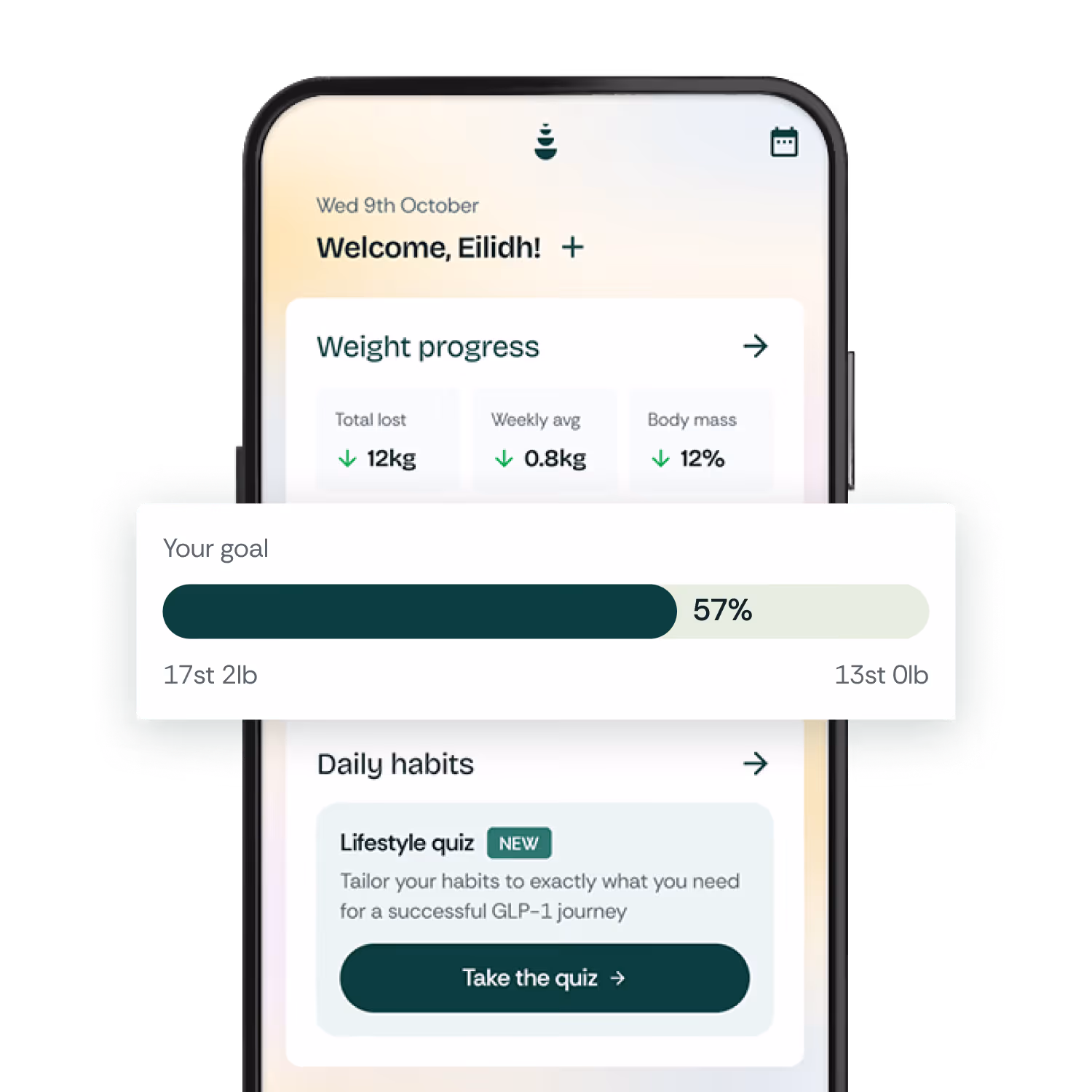 Mobile app screen showing weight progress with total 12 kg lost, weekly average 0.8 kg loss, body mass 12% reduction, and a progress bar at 57% between 17st 2lb and 13st 0lb goals; also a daily habits section featuring a new lifestyle quiz with a button to take the quiz.