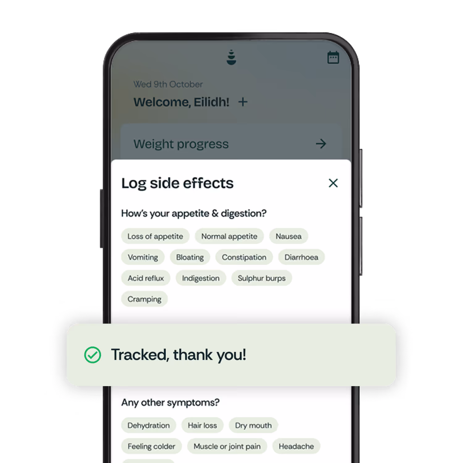 Mobile screen showing a symptom tracking app prompt for logging side effects like appetite and digestion issues, with options such as nausea, vomiting, and headache, and a confirmation message saying 'Tracked, thank you!'