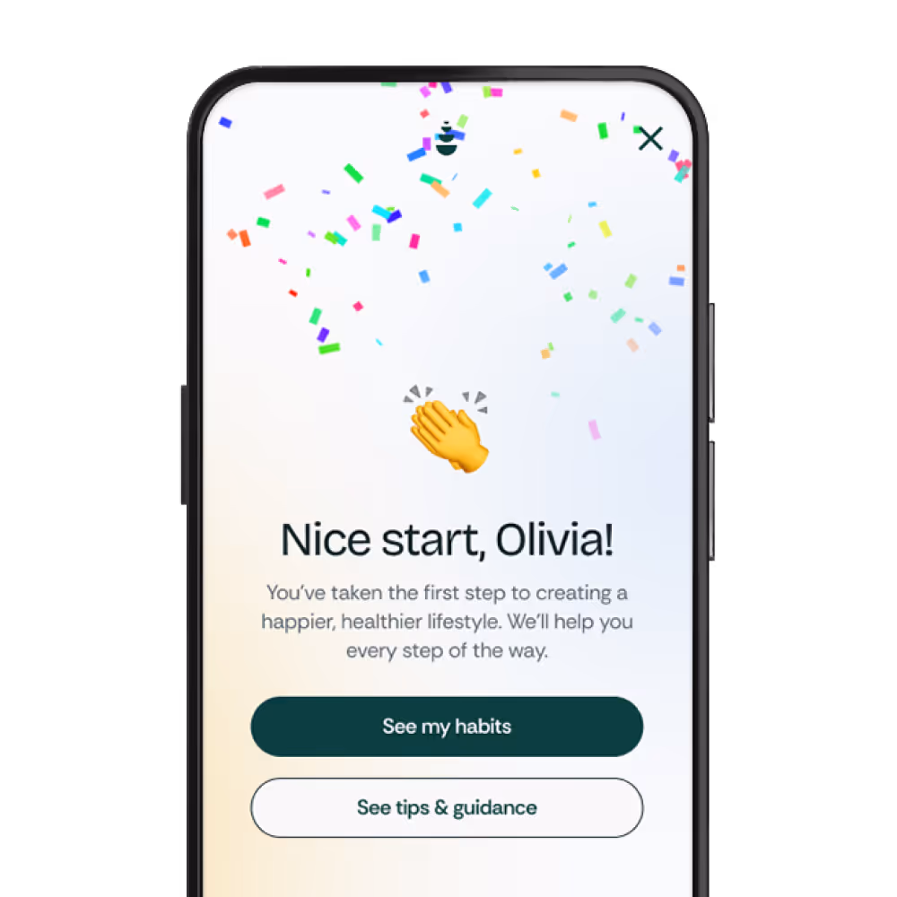 Smartphone screen with confetti and clapping hands emoji, text saying 'Nice start, Olivia!' and two buttons: 'See my habits' and 'See tips & guidance'.