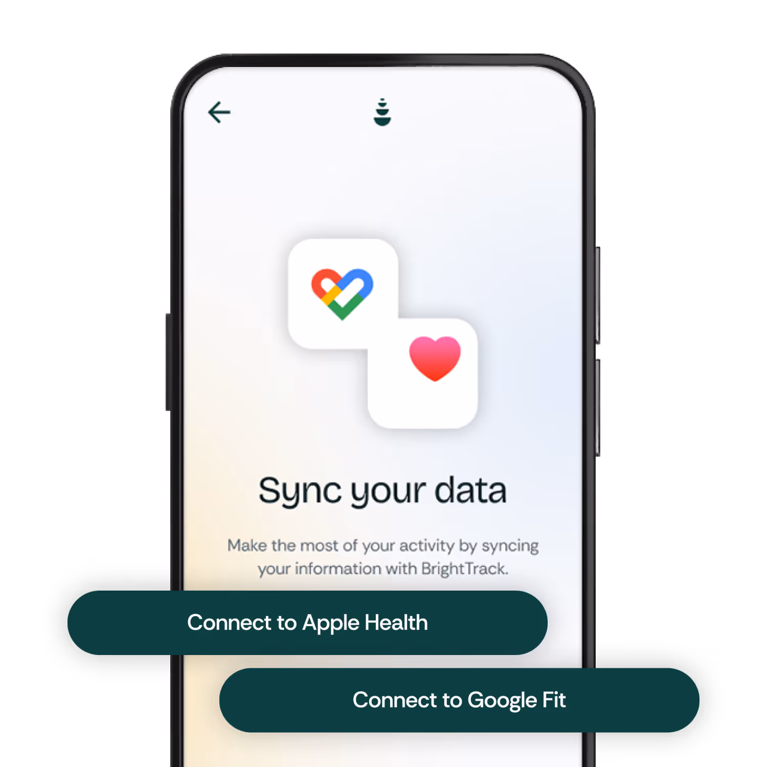 Smartphone screen displaying an app interface with options to connect to Apple Health or Google Fit to sync data.