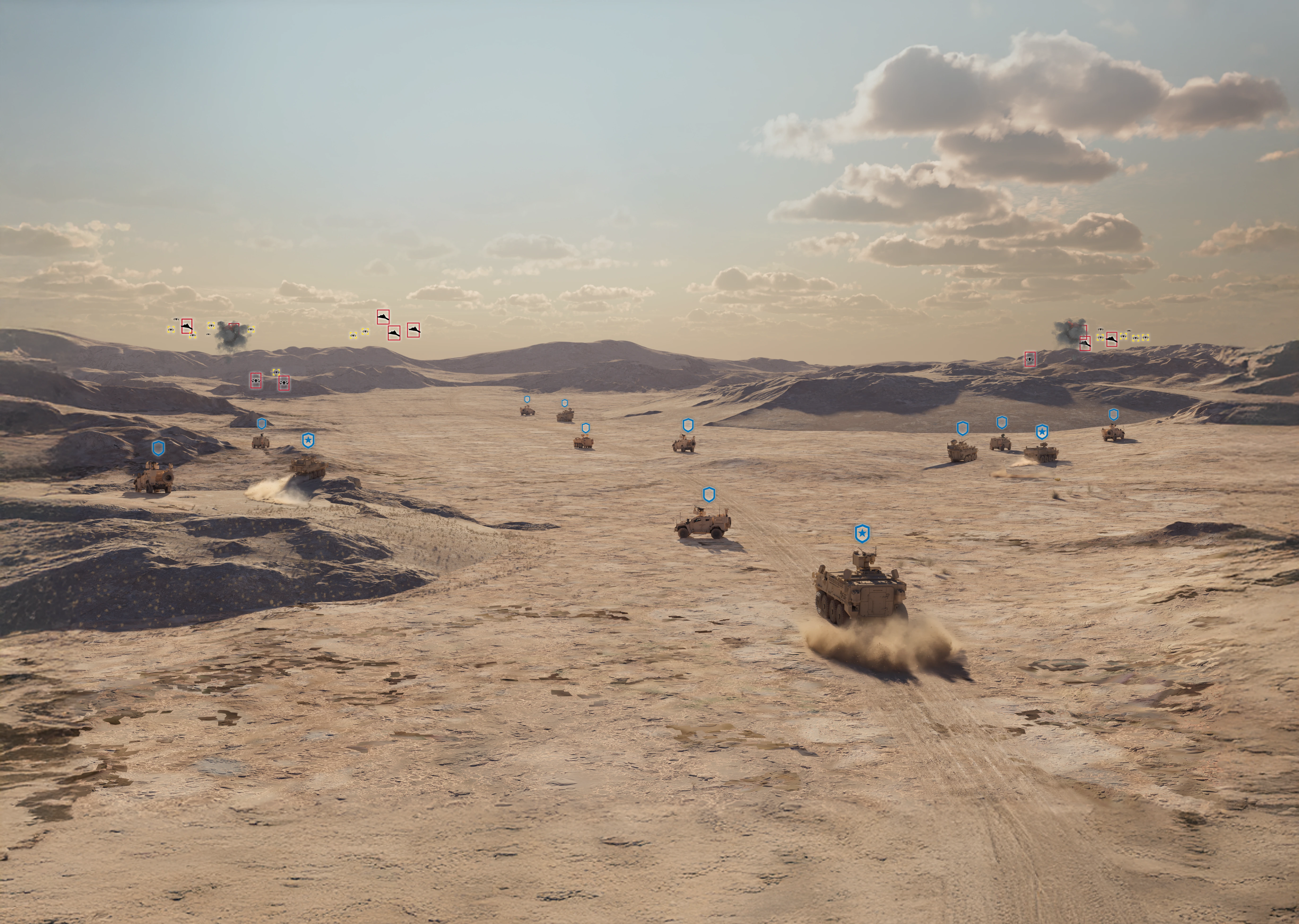 Armored military vehicles advancing across a dusty desert landscape with hills and a partly cloudy sky, engaged in a battle with explosions and enemy units marked by red icons.