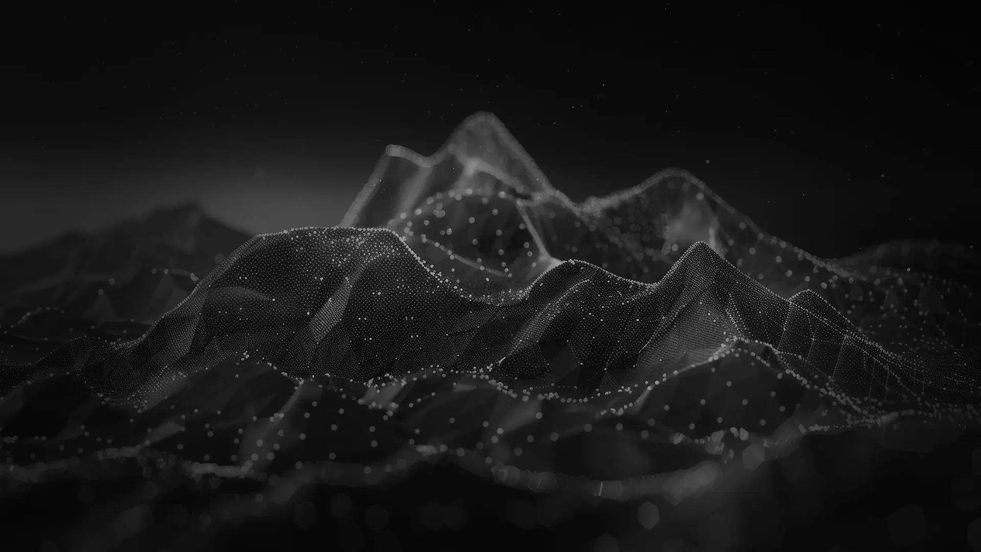 Abstract black and white 3D wireframe landscape with dotted and connected points forming mountain shapes.