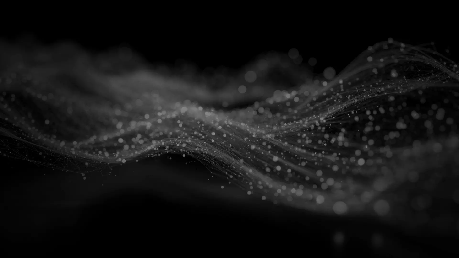 Abstract dark wavy mesh with glowing white particles scattered throughout.
