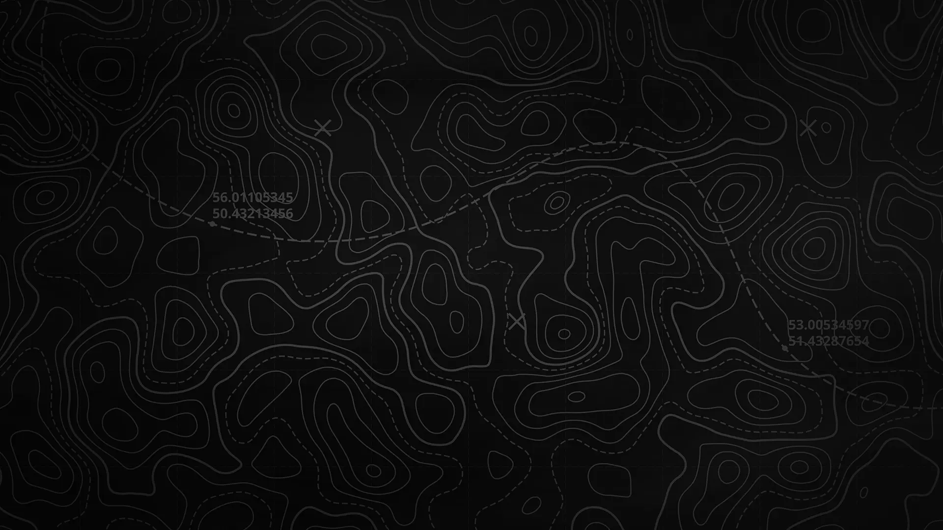 Dark abstract topographic map background with contour lines and faint coordinate numbers.