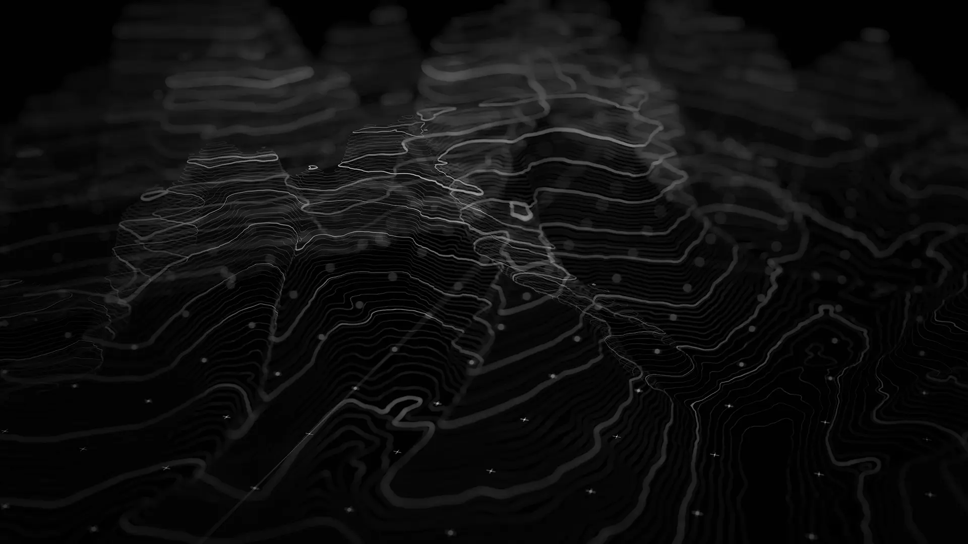 Abstract black 3D topographic map with white contour lines and scattered dots.