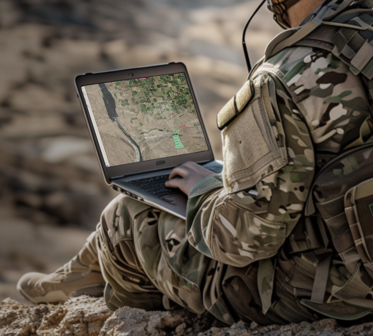 Soldier in camouflage uniform using a laptop displaying a digital map in a desert environment.