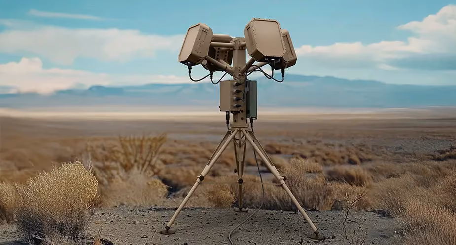 Grey vehicle with mounted EchoShield radars against a black background with grey hexagon pattern