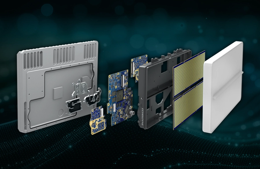 Grey vehicle with mounted EchoShield radars against a black background with grey hexagon pattern