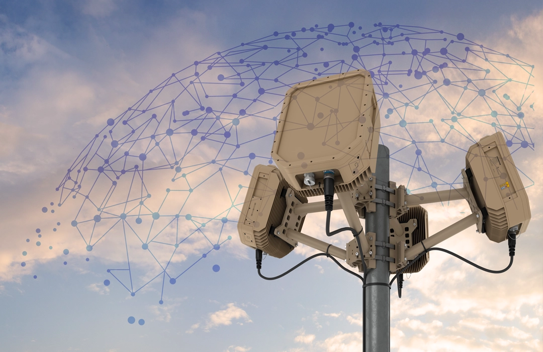 Grey vehicle with mounted EchoShield radars against a black background with grey hexagon pattern