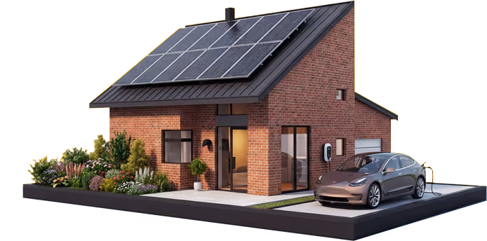 Visualisierung eines Eigenheimes mit Solarzelle und Wallbox für das E-Auto.