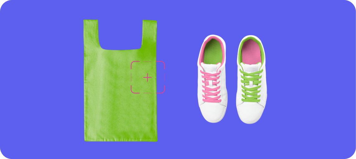 White sneakers with pink and green laces next to a green reusable shopping bag on a blue background.