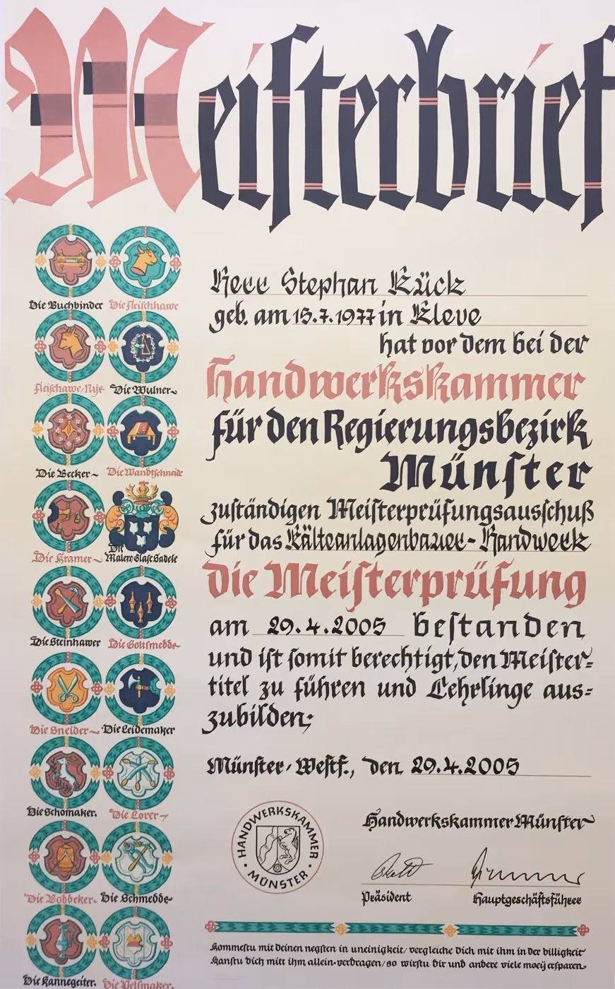 Meisterurkunde von Kück Kälte- und Klima-Technik