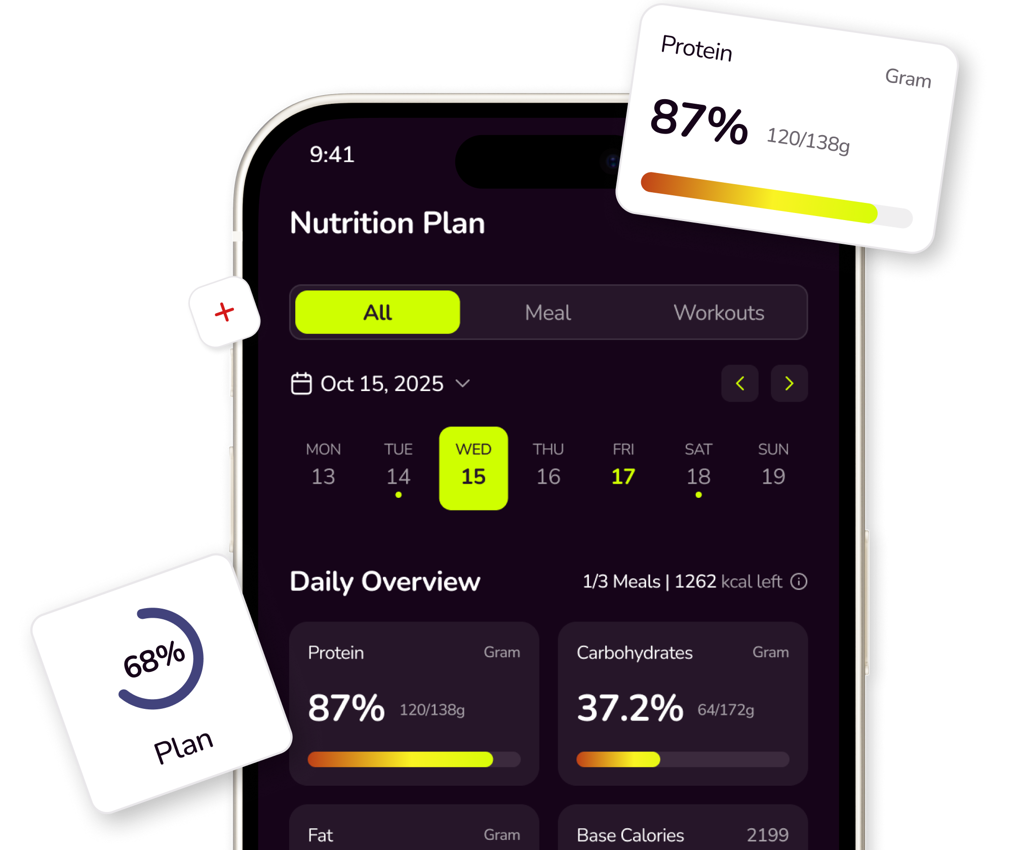 Smartphone screen showing a nutrition plan app with daily overview for October 15, 2025, highlighting 87% protein intake and 37.2% carbohydrates, with progress bars and date navigation.